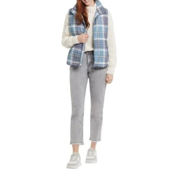 Tribal Jeans Women's Plaid Printed Puffer Vest Stormy Sea Blue Size Large - Picture 1 of 9